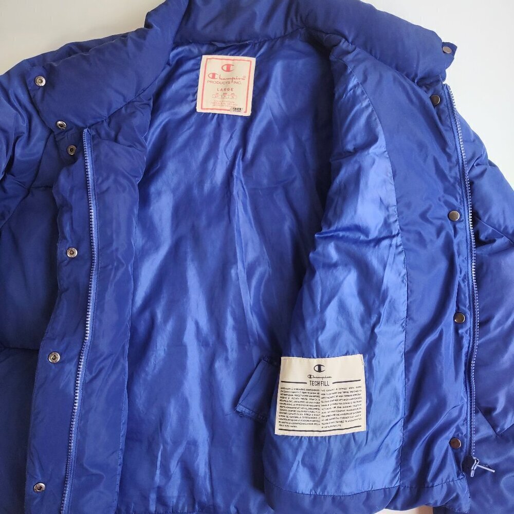 Champion Blue Script Crop Puffer Jacket Sporty Outdoor Streetwear Women's Large - Picture 8 of 11